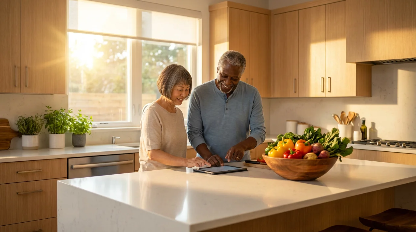 Senior couple in a warm, sunlit kitchen planning healthy meals with a tablet.