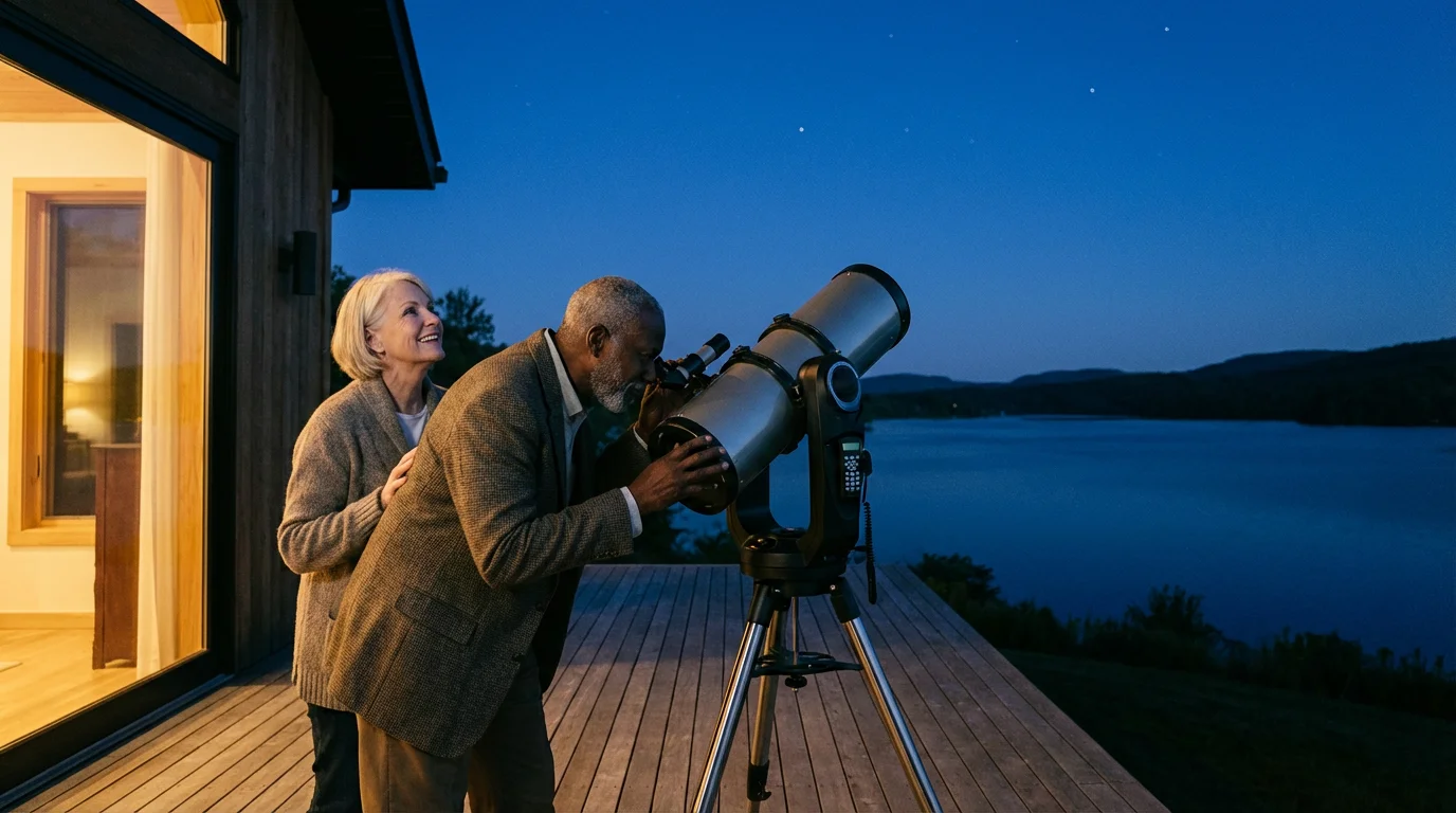 Senior couple learning astronomy with a telescope on their deck at twilight.