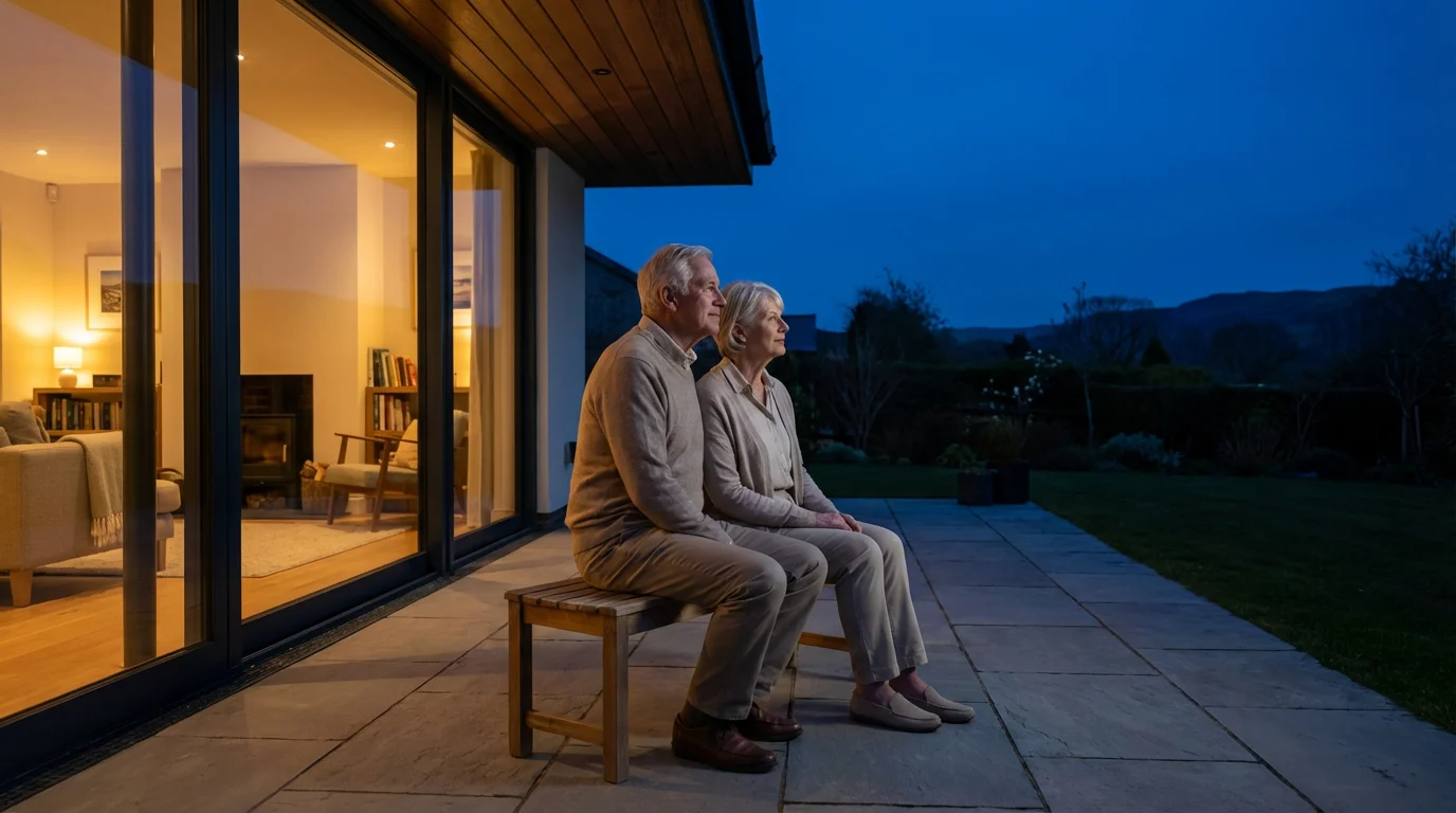 Senior couple sitting peacefully on a modern patio bench during blue hour twilight.
