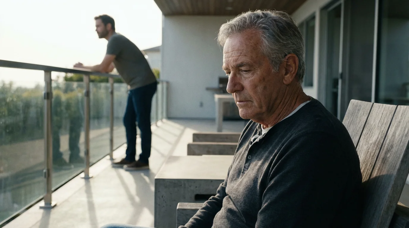 Senior father and adult son on a patio, showing emotional distance in their relationship.