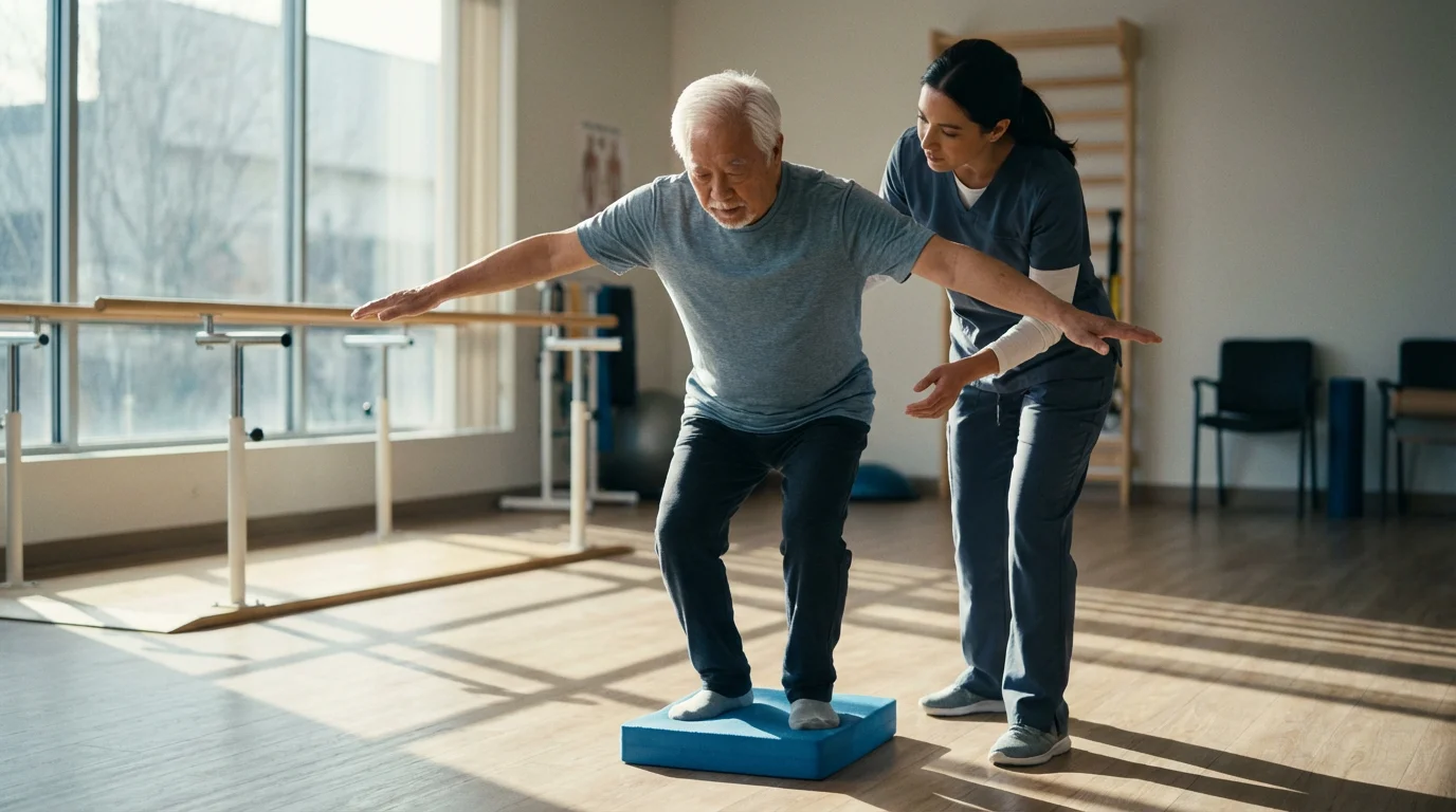 Senior man doing balance exercise on a foam pad with a physical therapist's support.