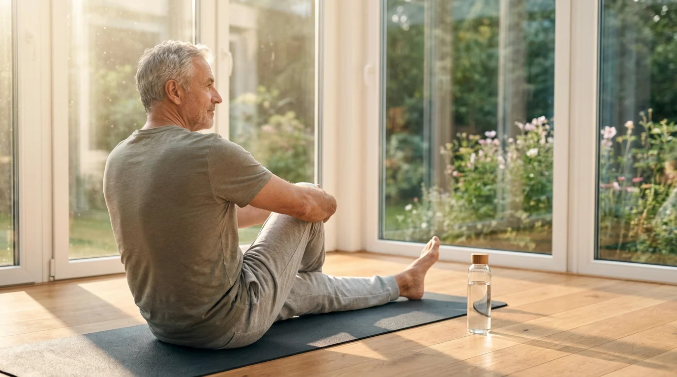Senior man doing morning yoga in a sunlit room with a water bottle nearby.