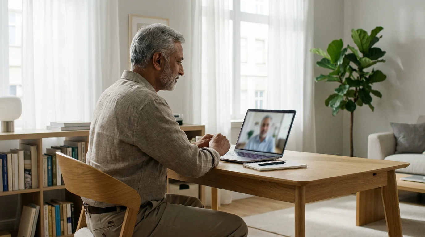 Senior man in a bright, modern home office consulting with a professional via video call.