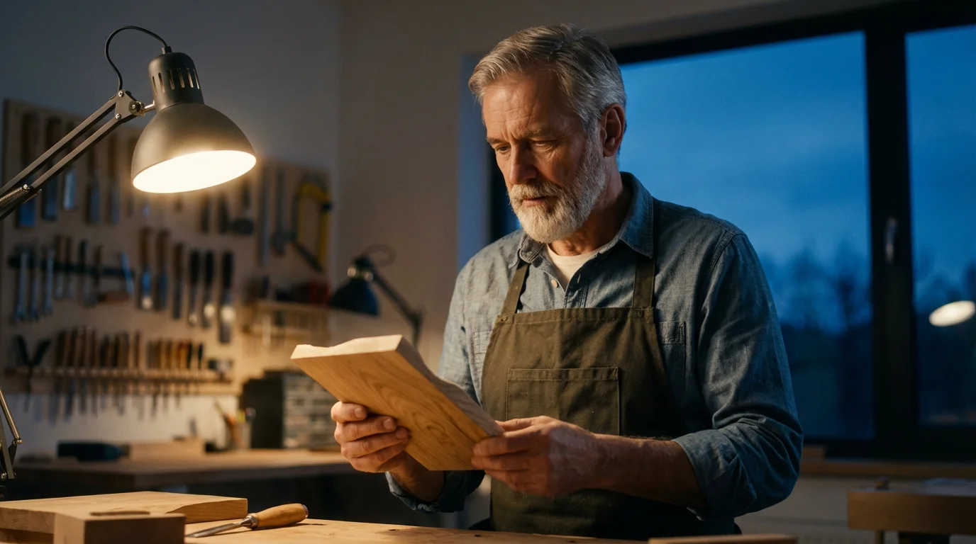 Senior man in his workshop at dusk, thoughtfully holding a piece of carved wood.