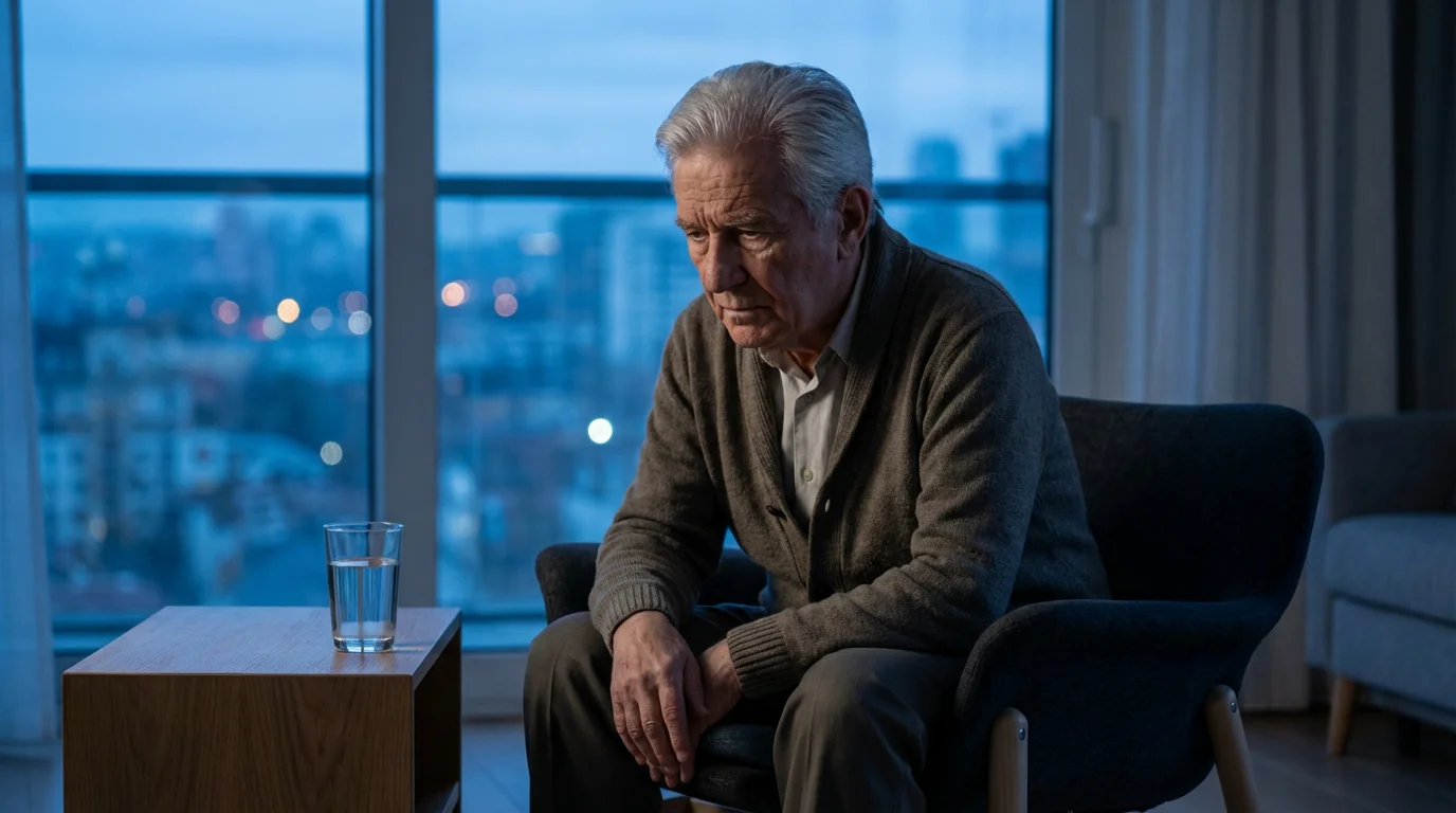 Senior man looking pensive in an armchair at twilight, an untouched glass of water nearby.