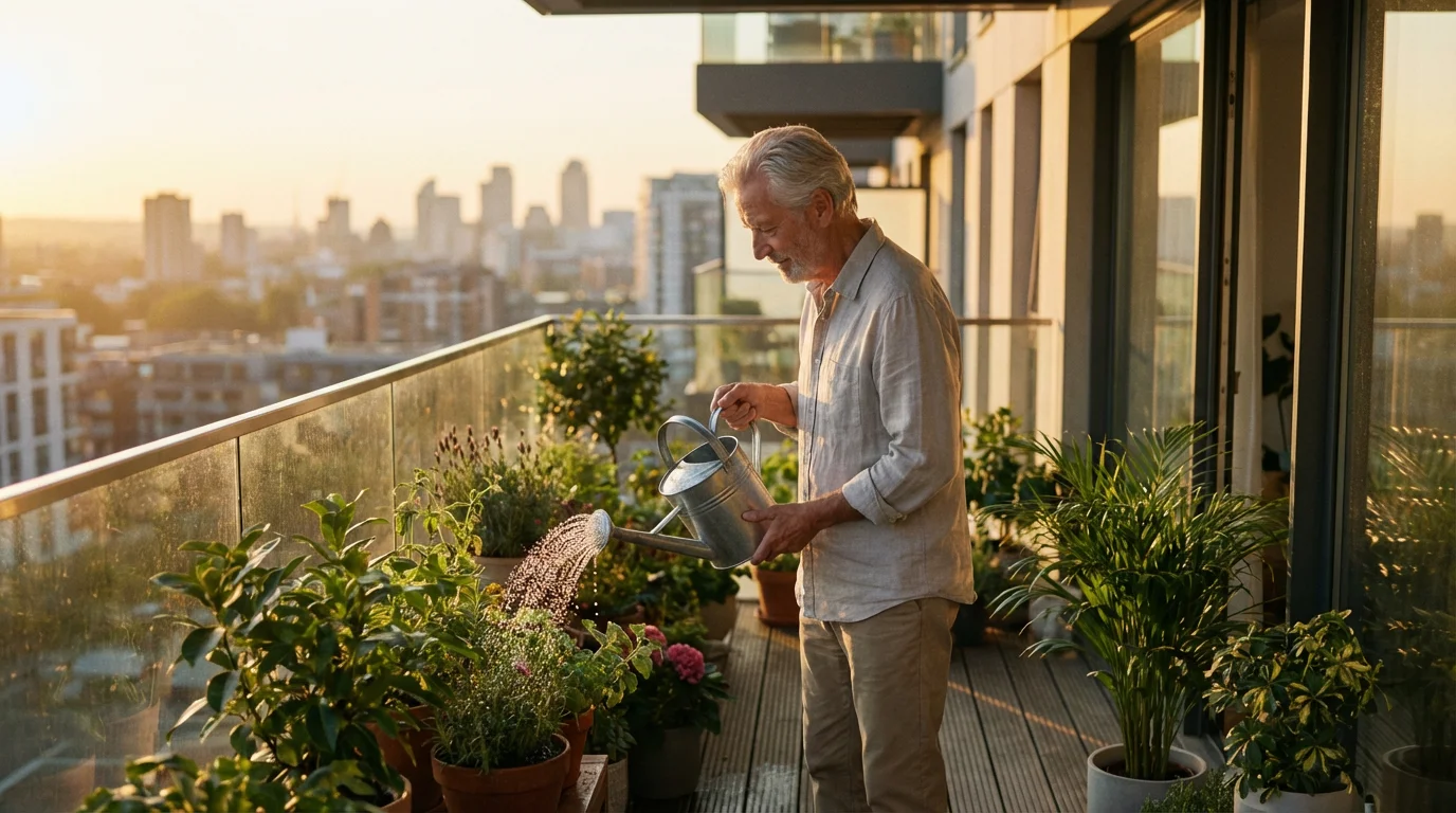 Senior man mindfully watering plants on a balcony garden during a warm, golden sunset.