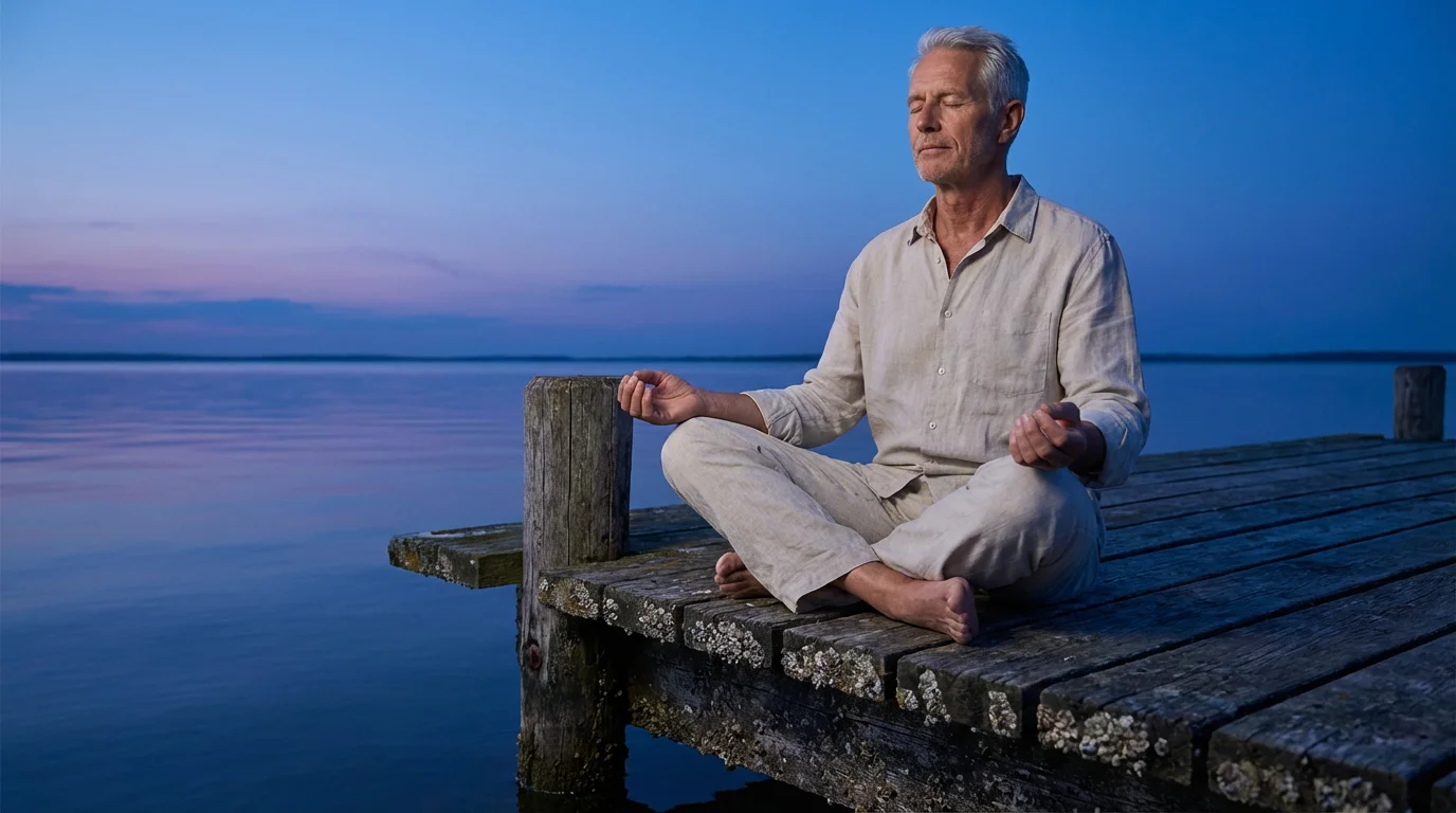 Senior man peacefully meditating on a wooden pier during the serene blue hour.