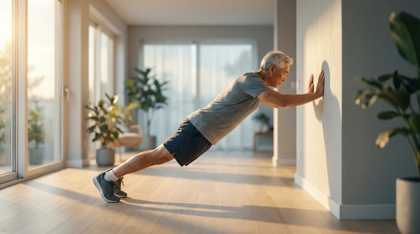 Senior man performing a wall push-up for upper body strength in a sunlit room.