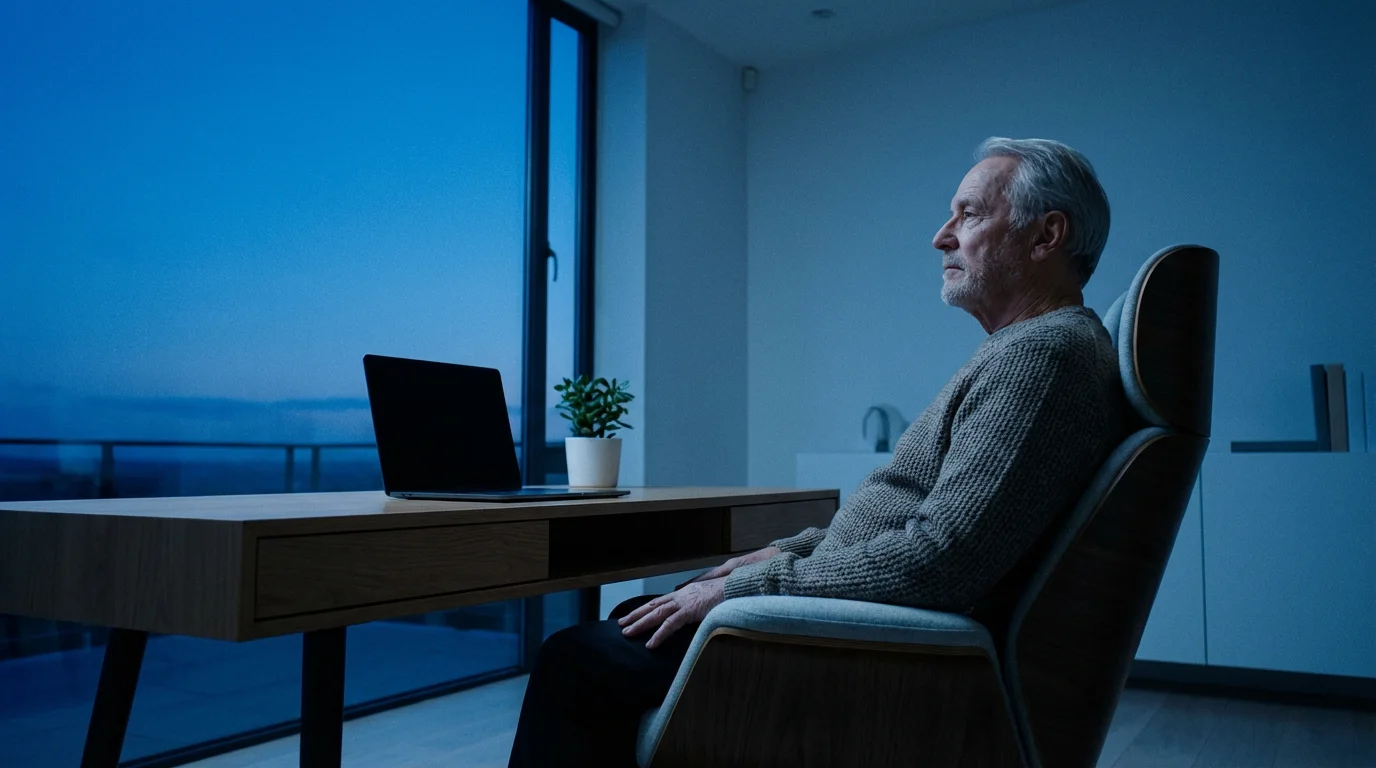 Senior man relaxing in a minimalist, decluttered home office, looking out the window at twilight.