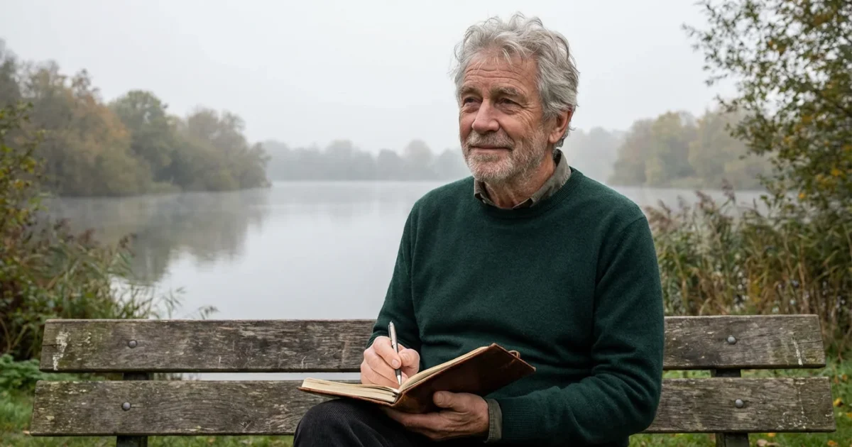 Senior man sitting on a park bench, writing in a journal and reflecting.