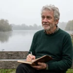 Senior man sitting on a park bench, writing in a journal and reflecting.