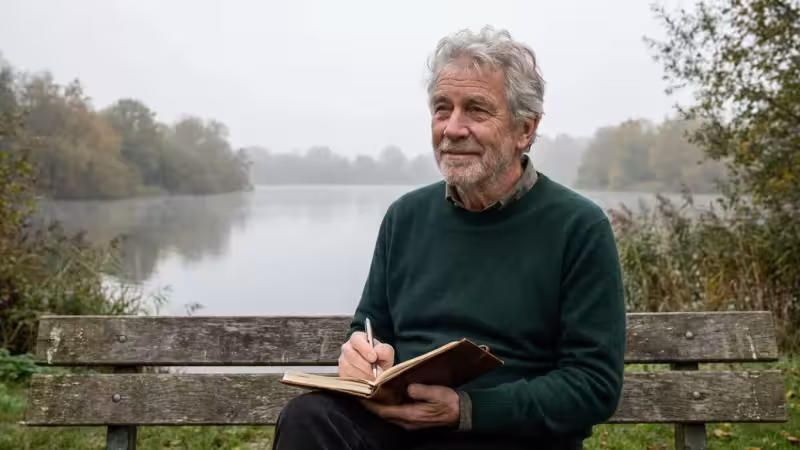 Senior man sitting on a park bench, writing in a journal and reflecting.
