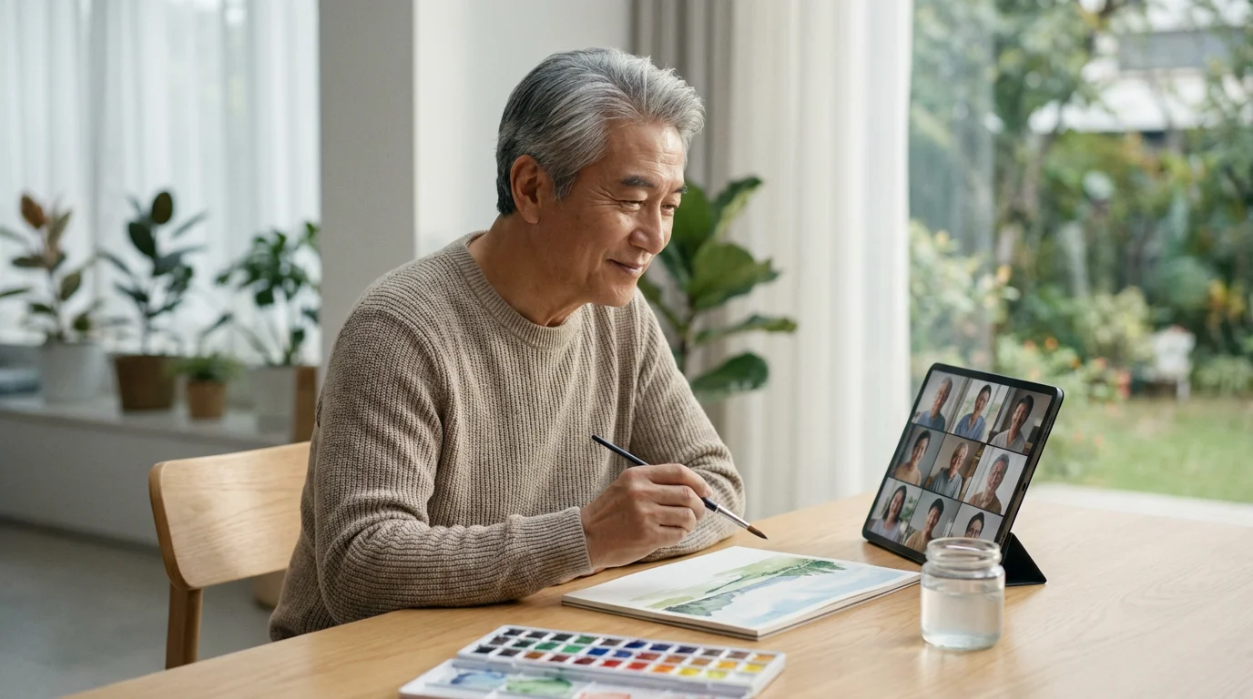 Senior man smiling while participating in an online watercolor painting class on a tablet.