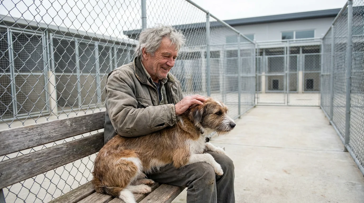 Senior man volunteering at an animal shelter, sitting on a bench petting a dog.