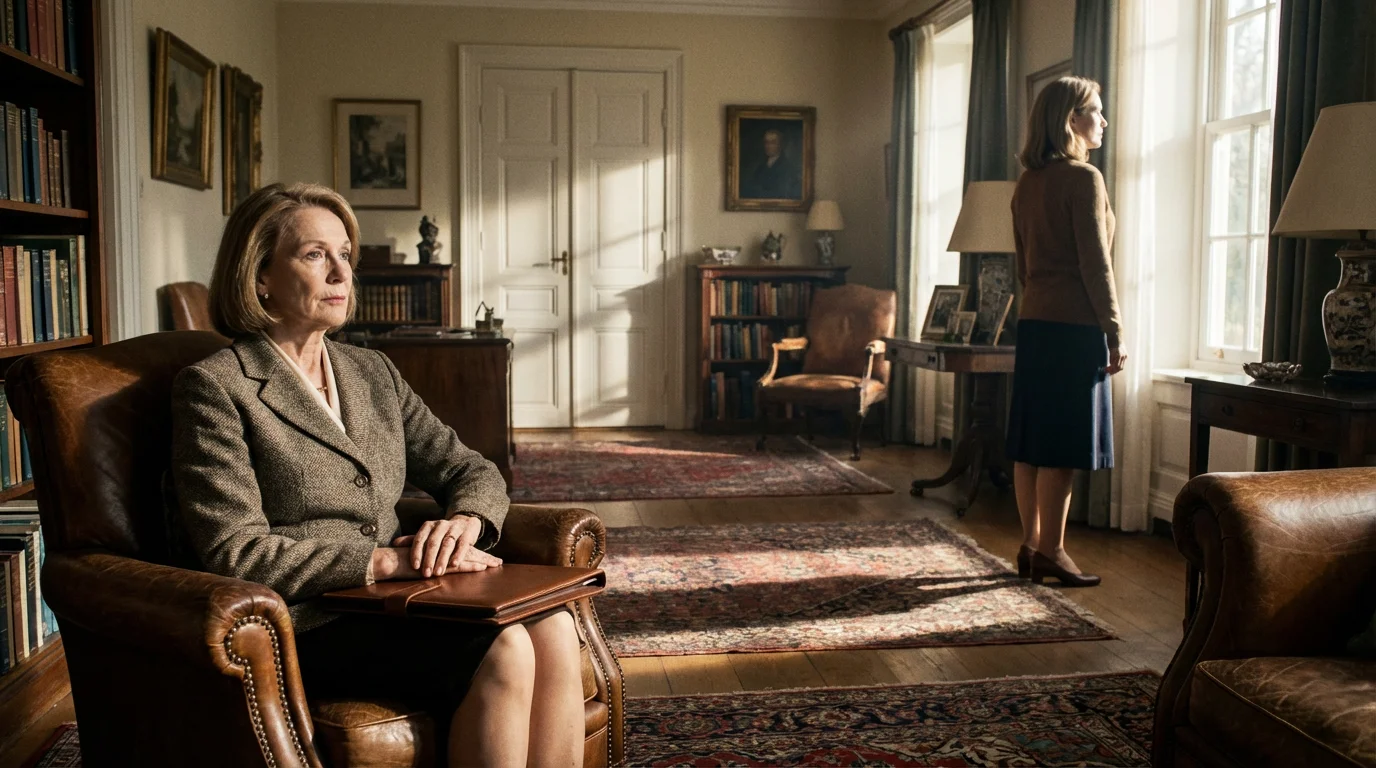 Senior mother and adult daughter in a tense living room during the morning light.