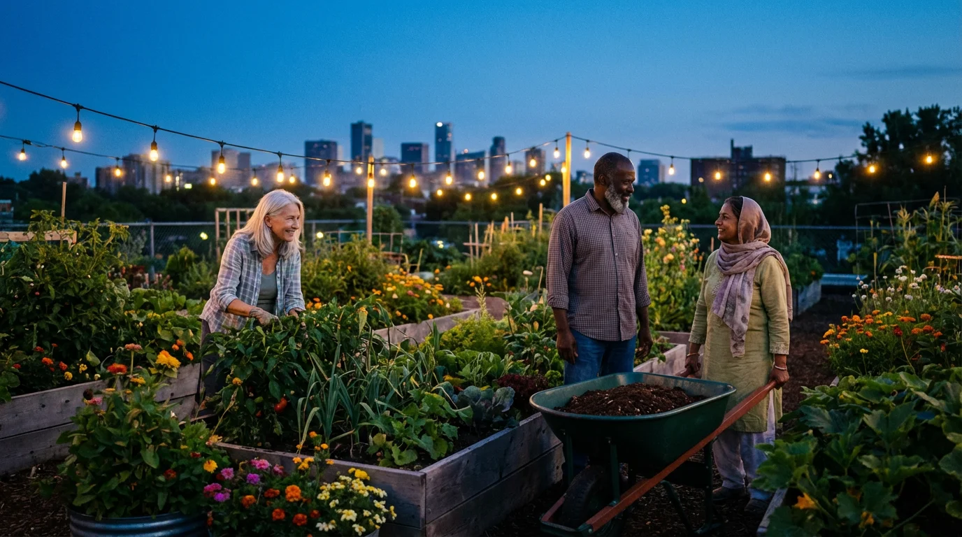 Senior volunteers working together in a beautiful urban community garden at twilight.