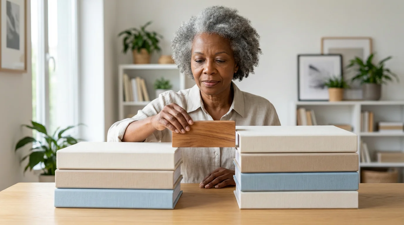 Senior woman at a desk bridging a gap between two stacks of binders with a wooden block.