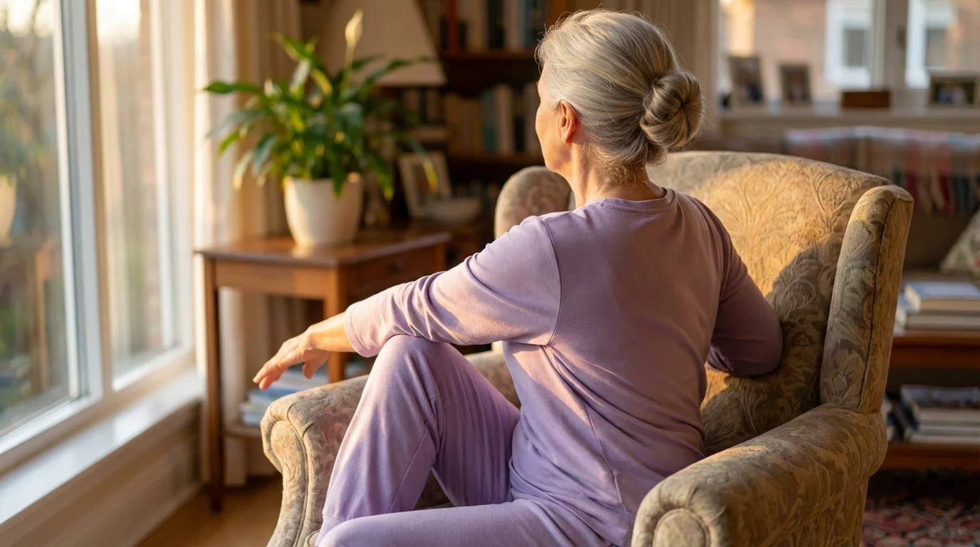 Senior woman doing gentle chair yoga in her sunlit living room at home.