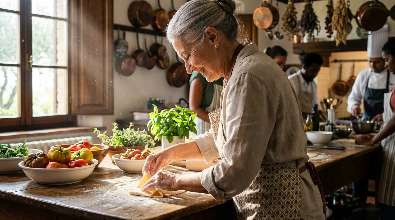 Senior woman enjoying a cultural travel experience by taking a local pasta-making class.