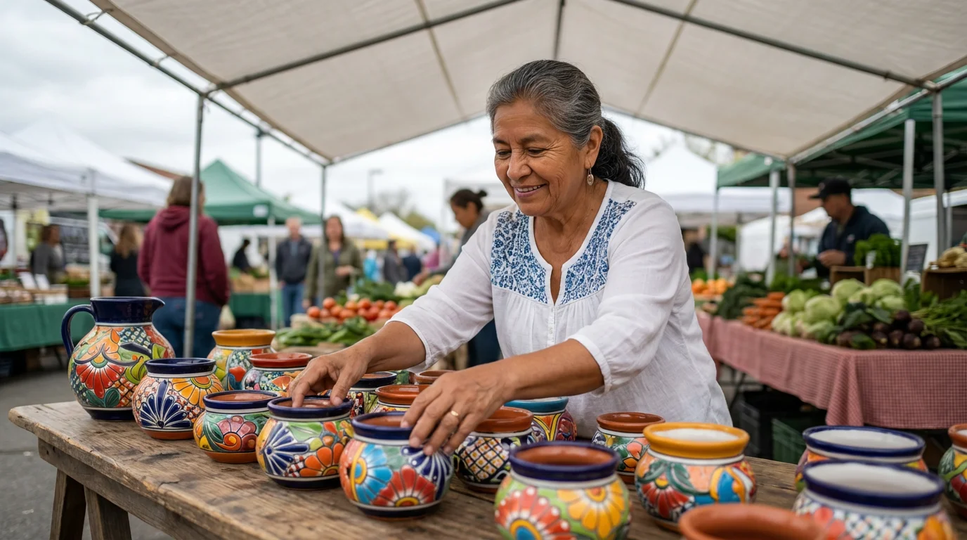 Senior woman entrepreneur arranging handmade pottery at a local farmer's market stall.