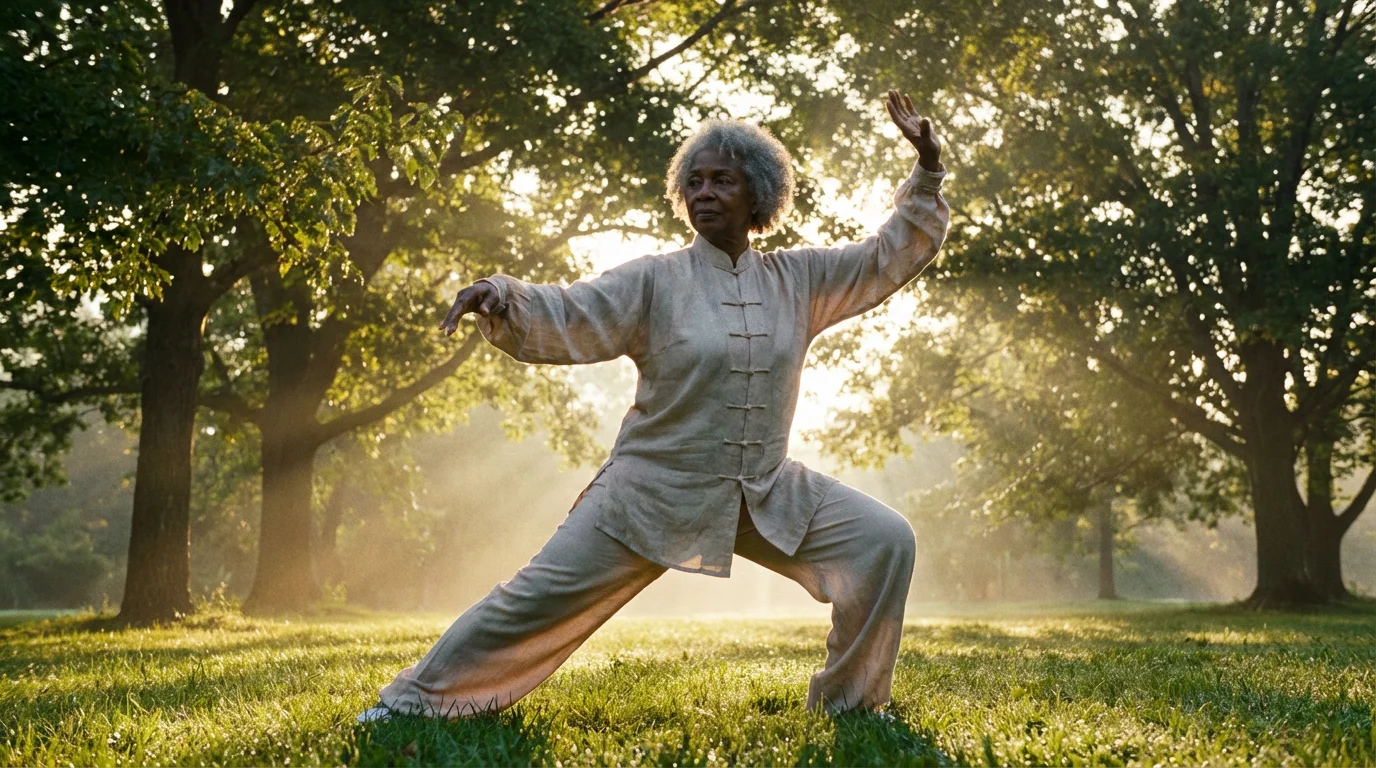 Senior woman gracefully practicing Tai Chi in a park during the early morning.