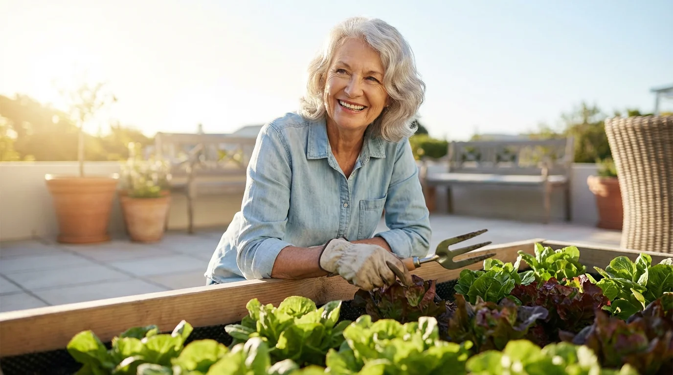 Senior woman happily gardening at a raised garden bed on a sunny patio.