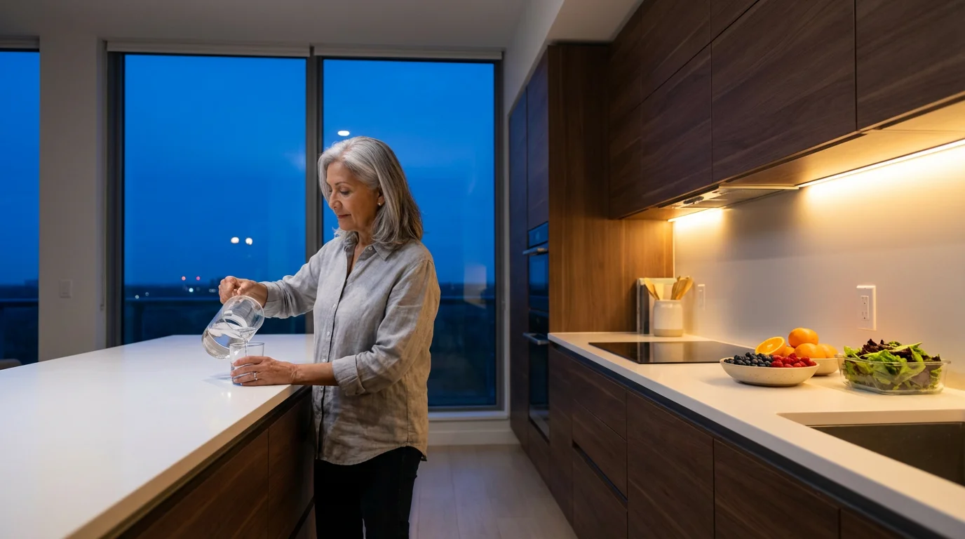 Senior woman in a modern kitchen at dusk with a glass of water and fruit.