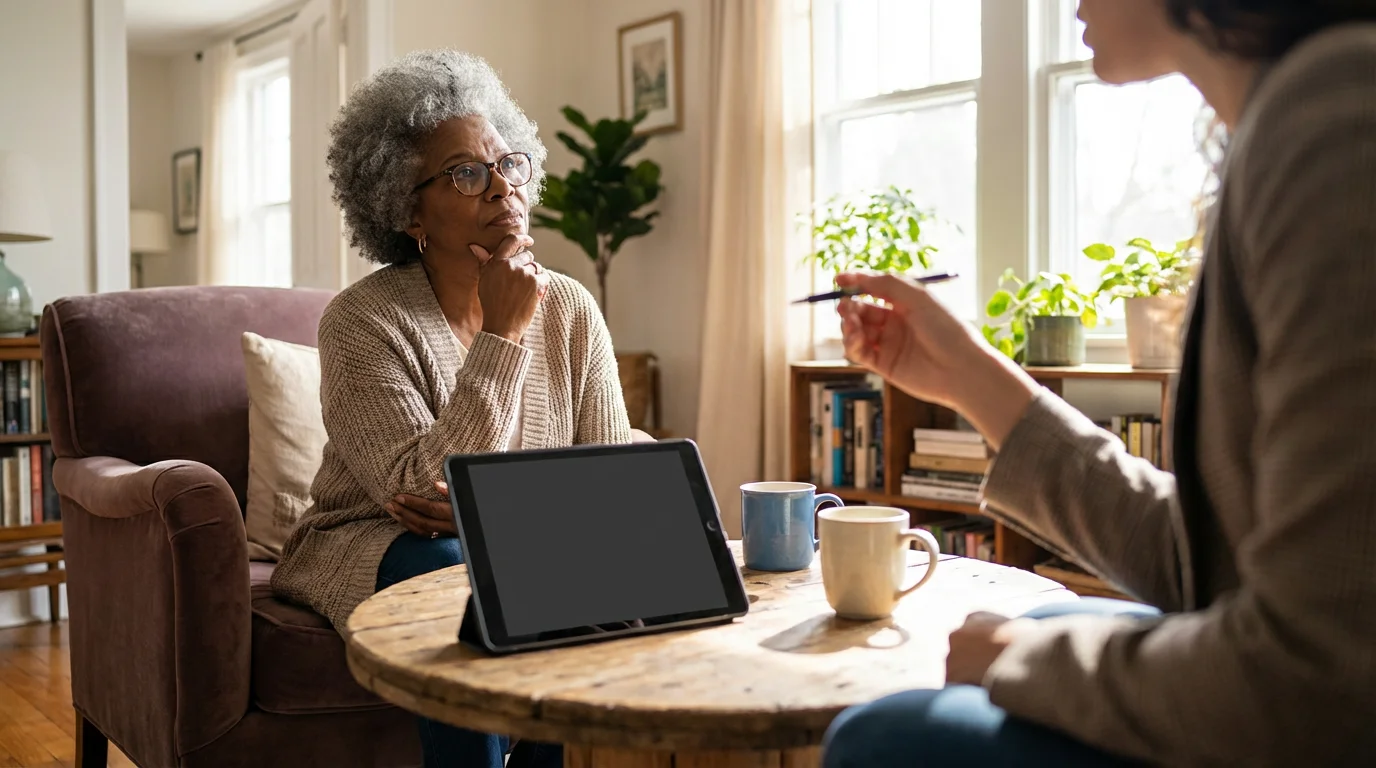 Senior woman in a sunlit room having a serious consultation with a professional advisor.
