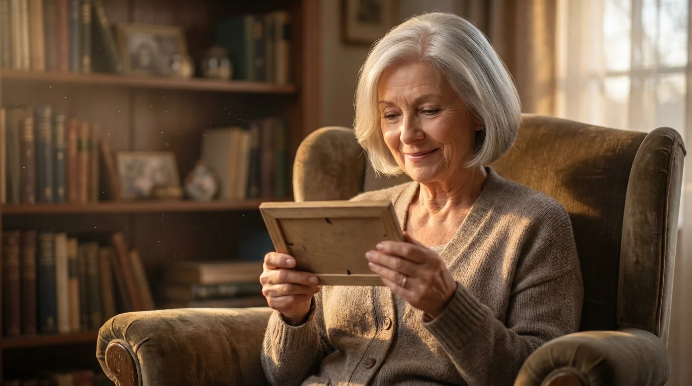 Senior woman in a sunlit room thoughtfully looking at an old framed photograph.