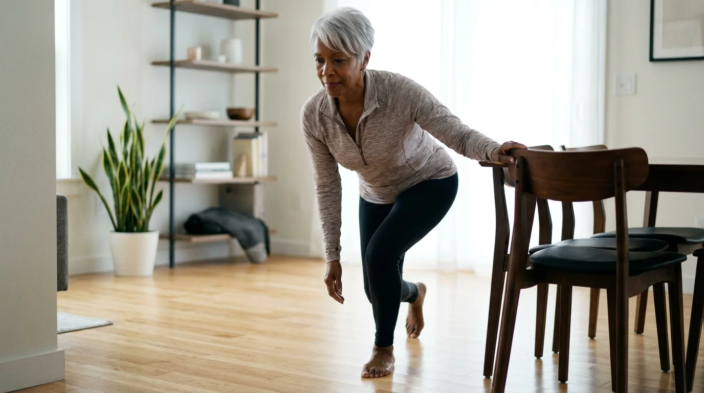 Senior woman performing a single-leg stand balance exercise in her bright living room.