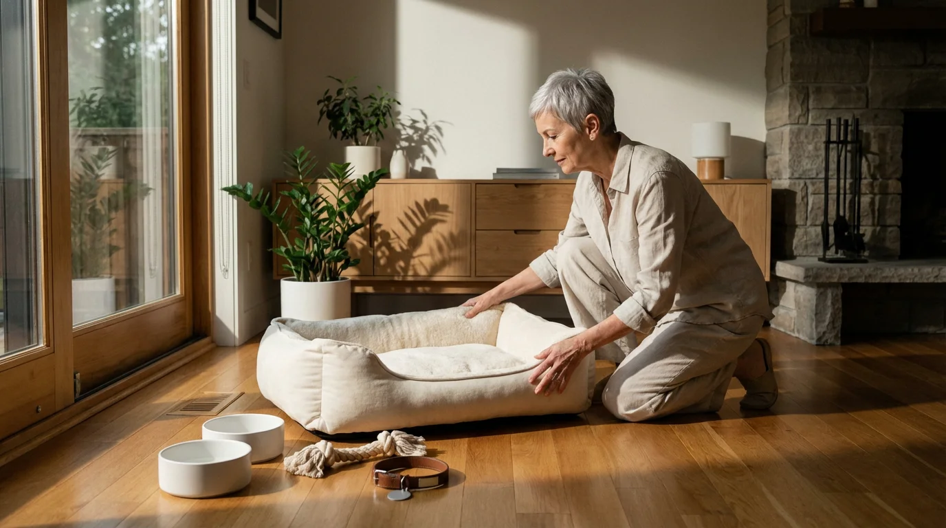 Senior woman preparing a cozy pet corner with a new bed and toys.