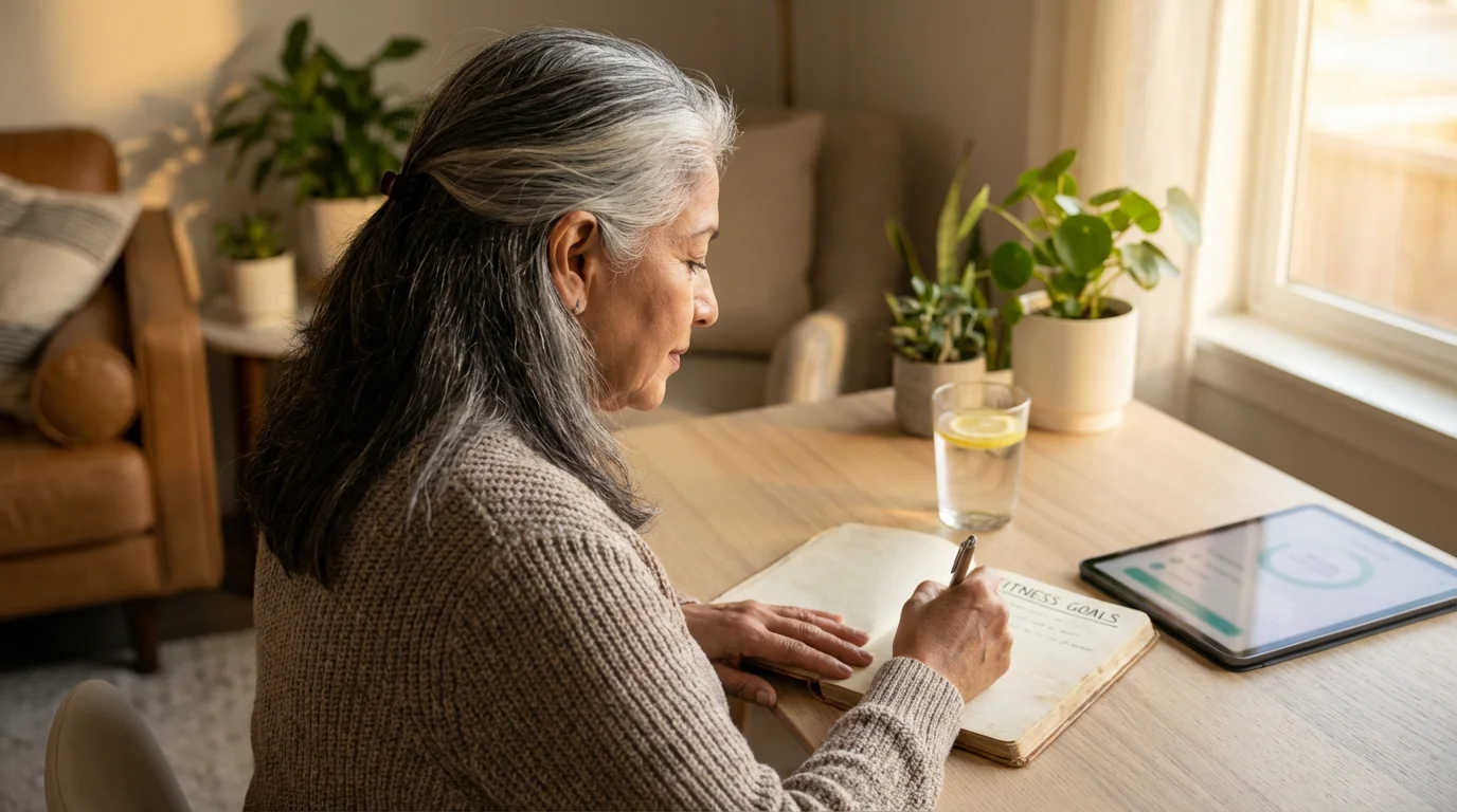 Senior woman sits at a desk during golden hour, writing a fitness plan.
