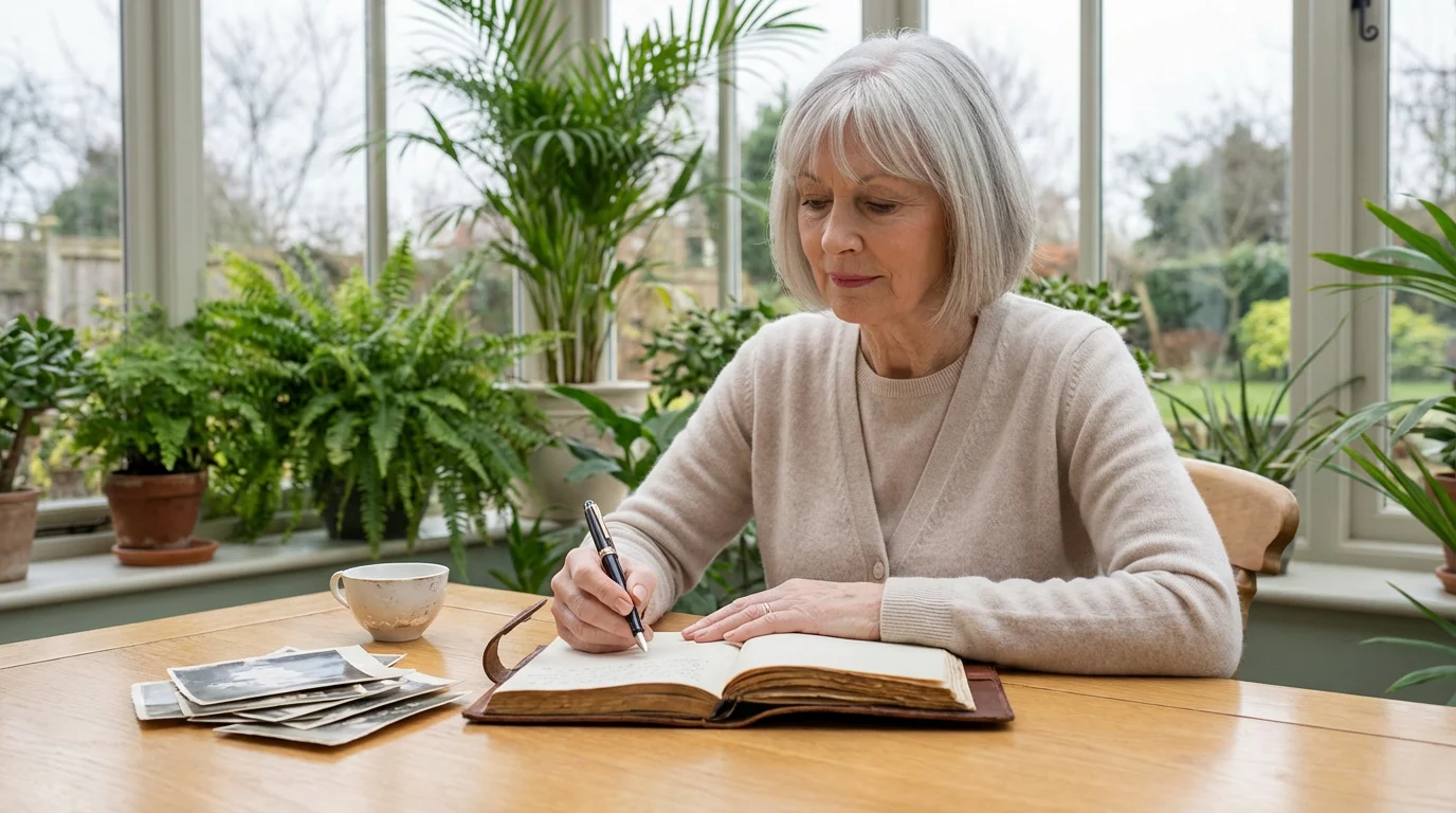 Senior woman thoughtfully journaling at a sunlit table with old photographs, representing legacy planning.