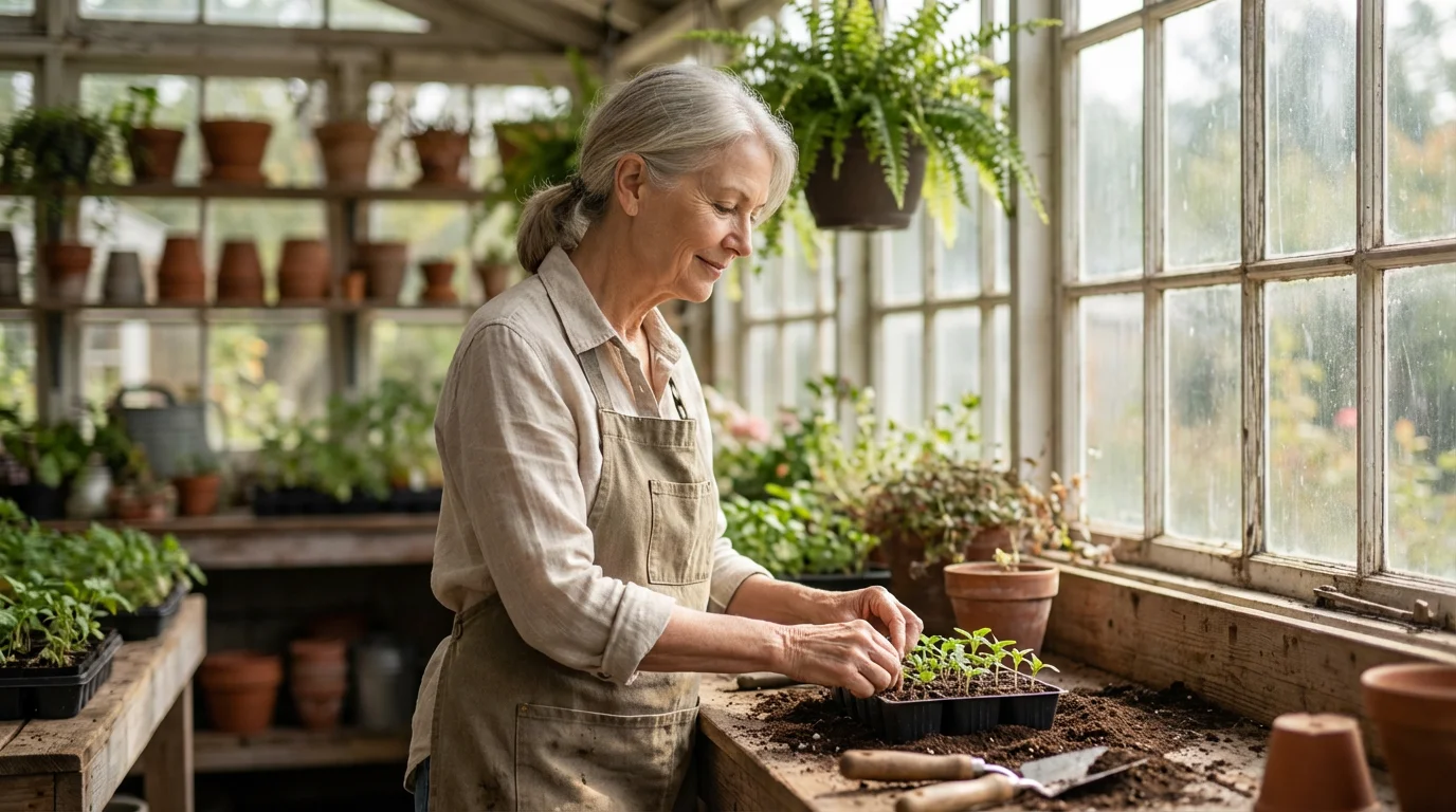 Senior woman volunteering, tending to seedlings in a bright, sunlit greenhouse.