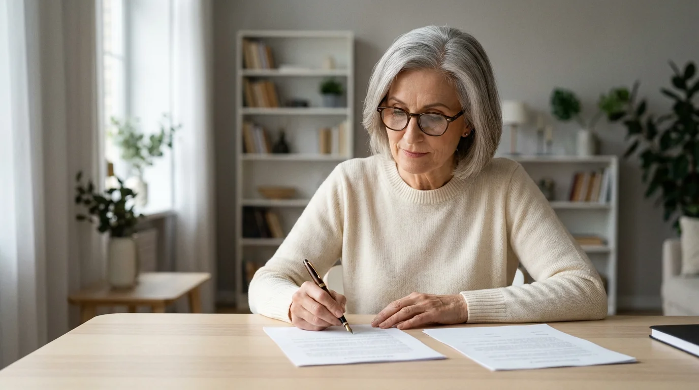 Senior woman with glasses at a table updating official legal documents with a pen.