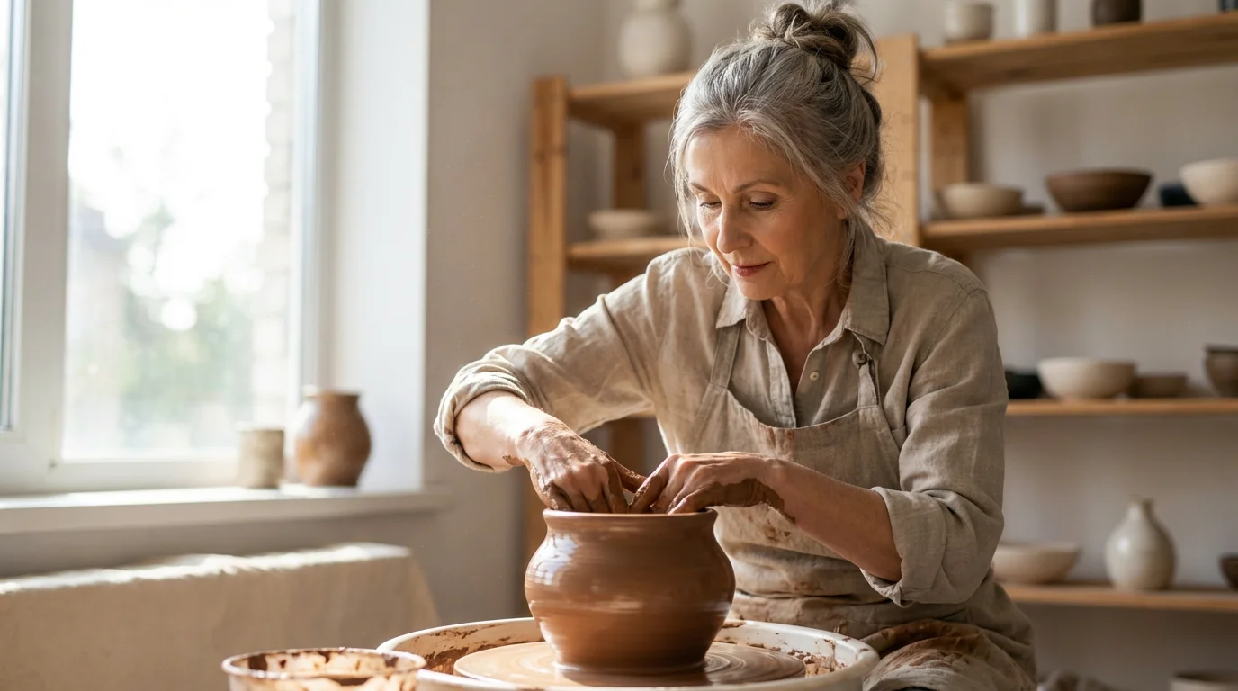 Senior woman with serene focus shaping a clay pot on a pottery wheel.