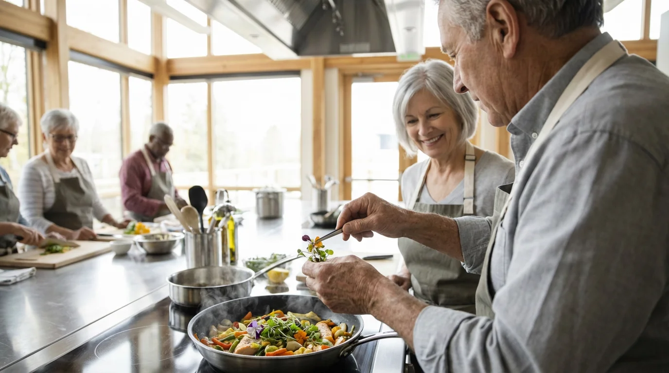 Seniors bonding and laughing together during a bright, modern community cooking class.