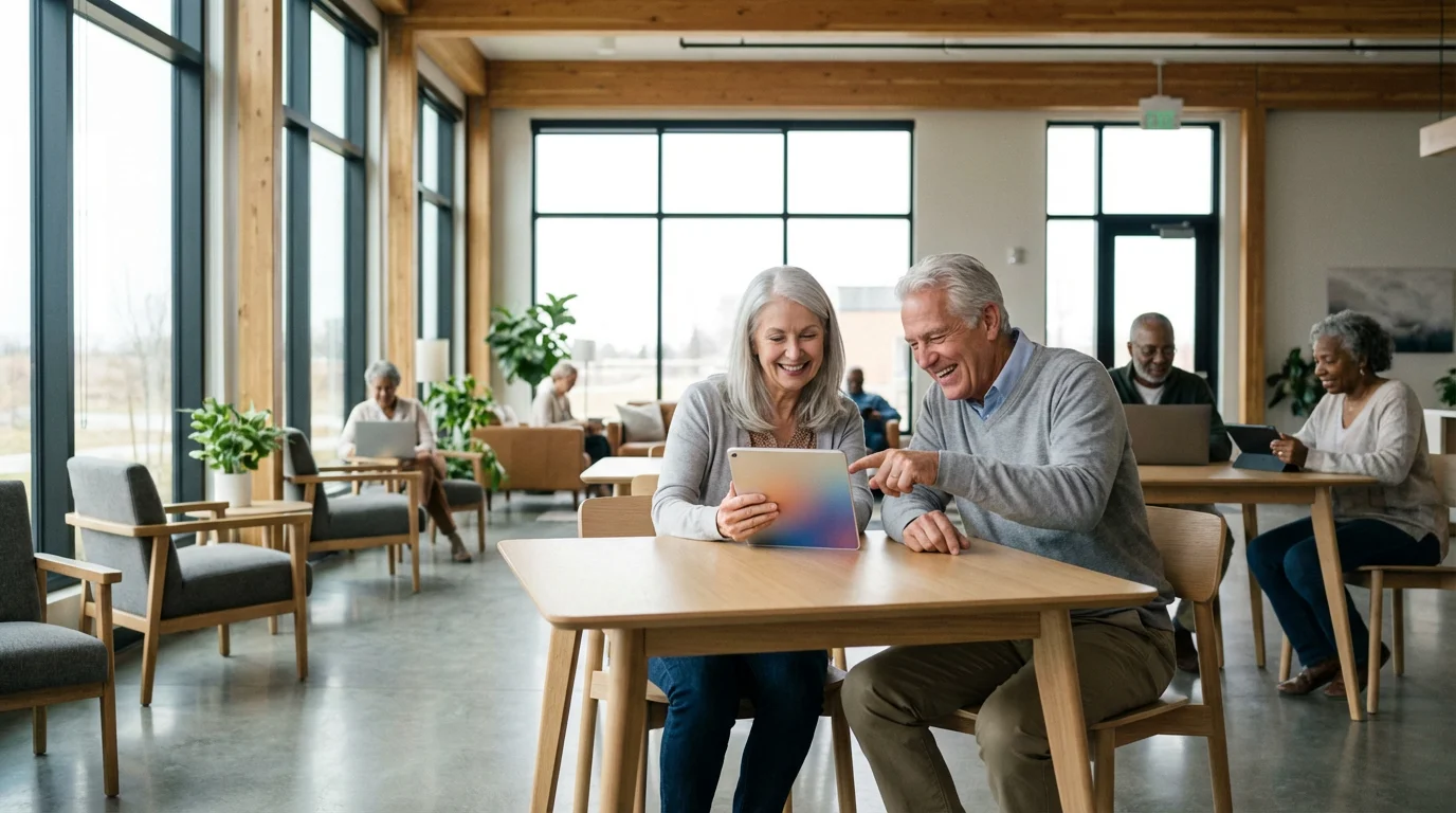Seniors connect using a tablet in a modern, sunlit community center lounge.
