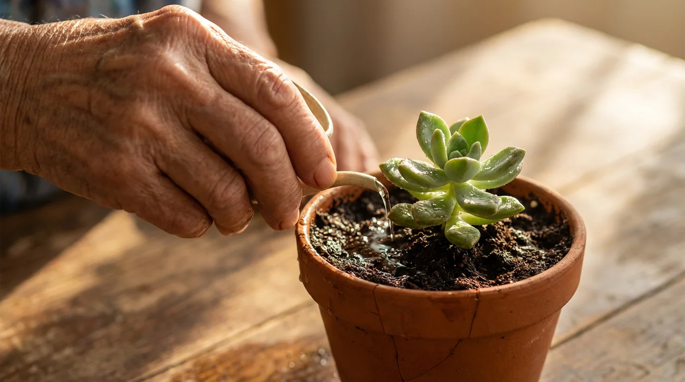 Senior's hand gently watering a small succulent plant during a warm, golden sunset.
