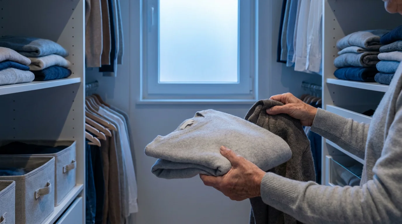 Senior's hands organizing sweaters in a minimalist closet, demonstrating a sustainable decluttering habit.