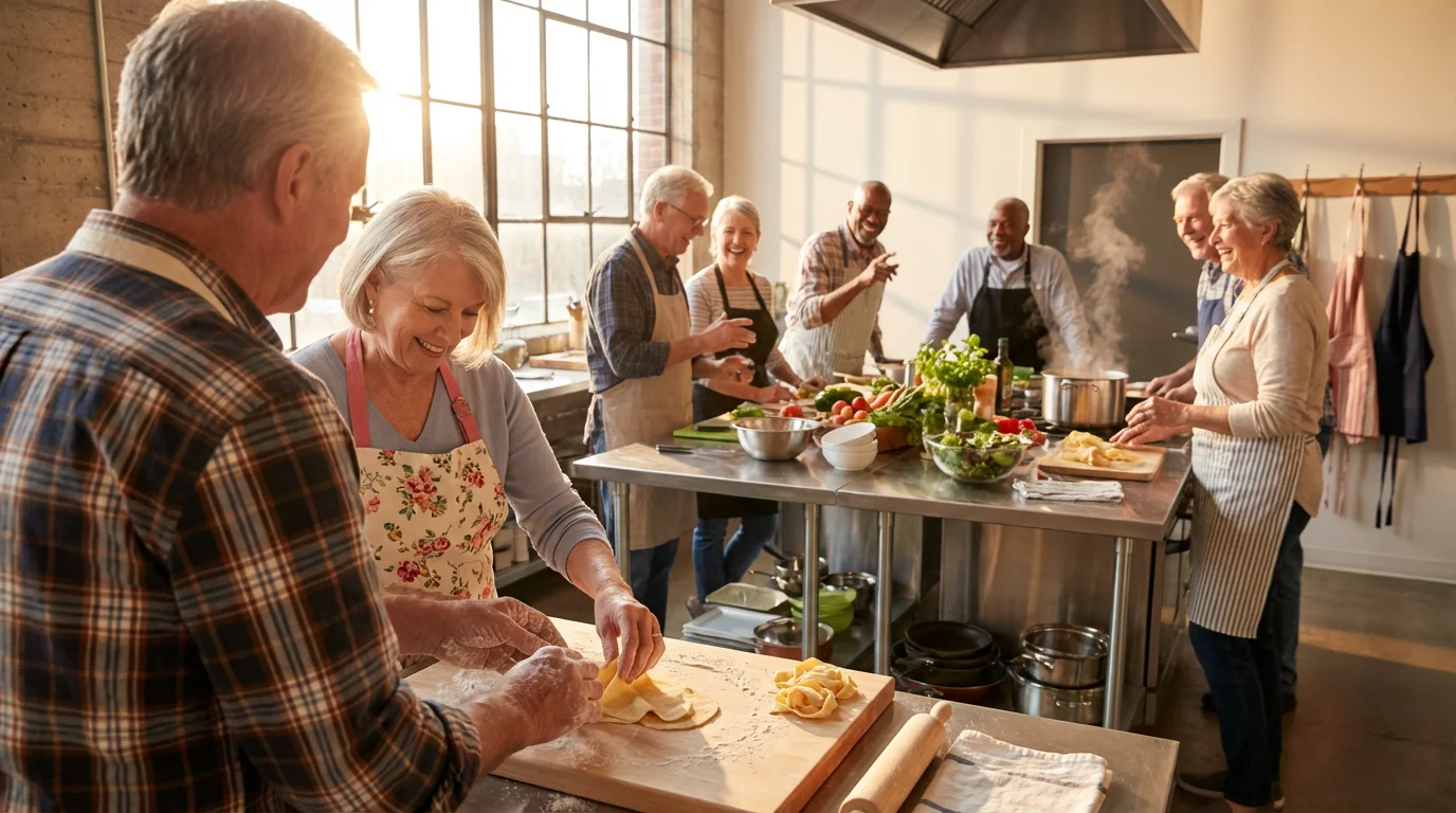 Seniors laughing and learning together in a sunlit, golden hour community cooking class.