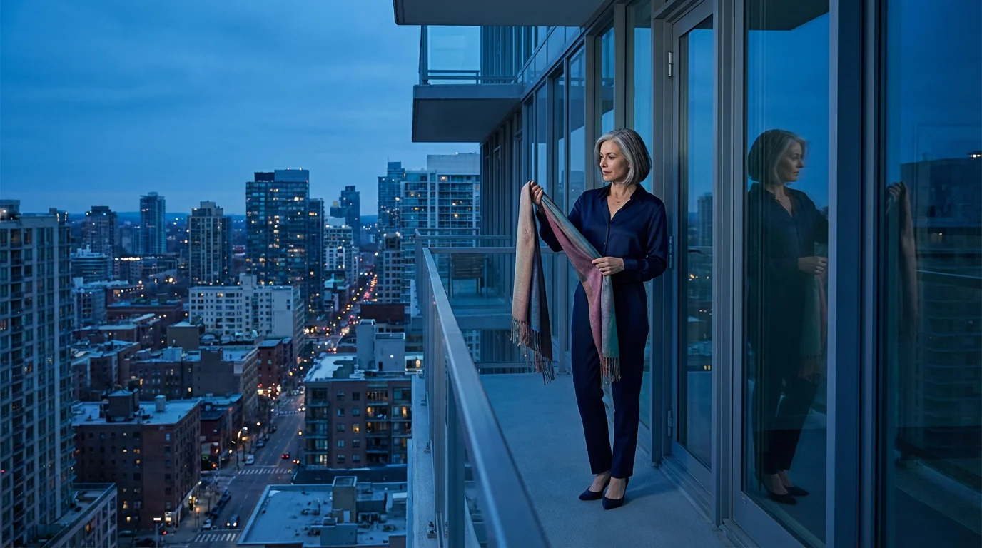 Stylish woman over 60 on a city balcony at dusk trying on a colorful scarf.