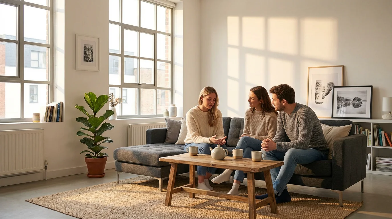 Three diverse friends sit on a sofa in a sunlit room, offering quiet support.
