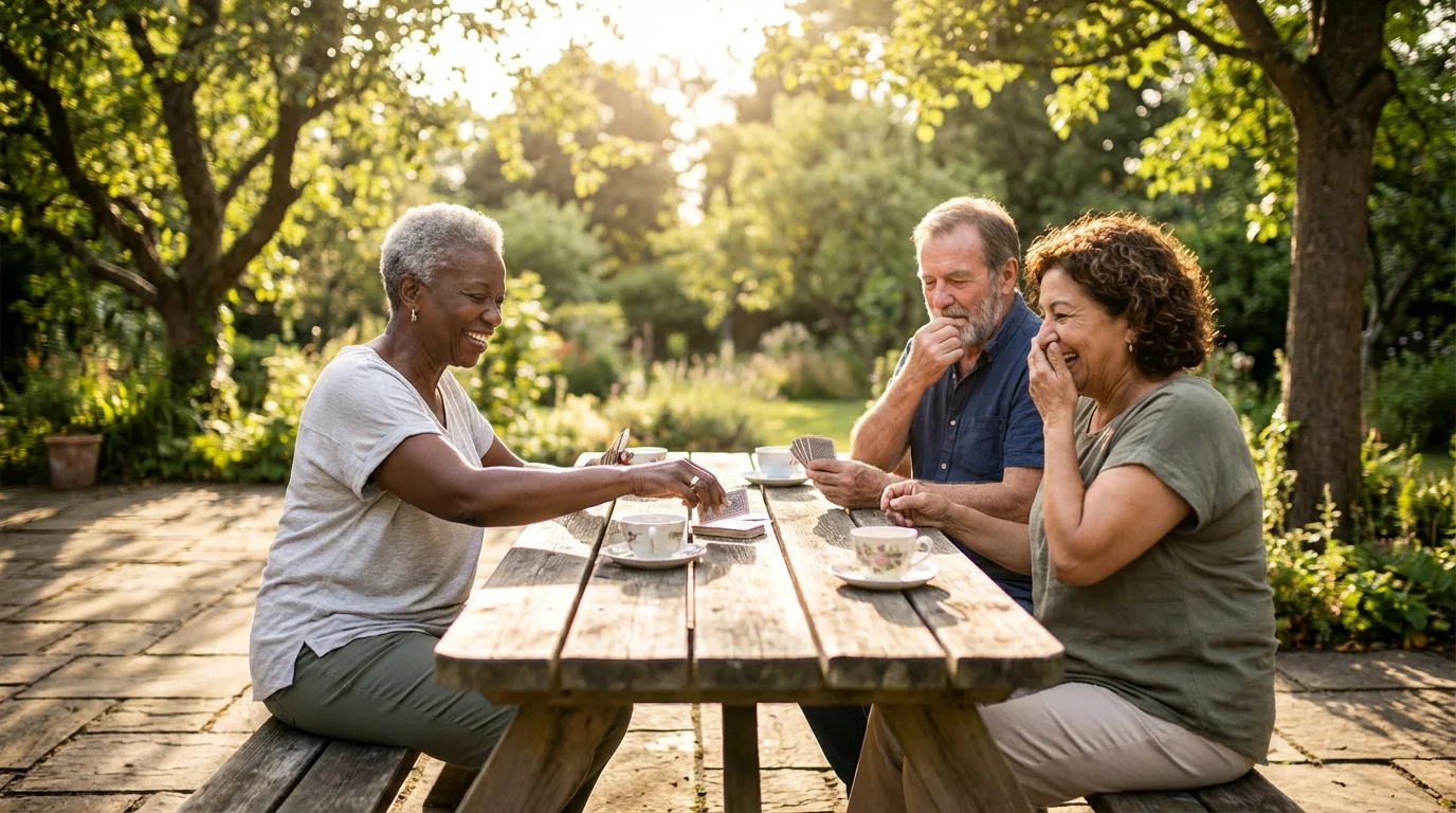 Three diverse senior friends laughing and playing cards on a patio in the afternoon.