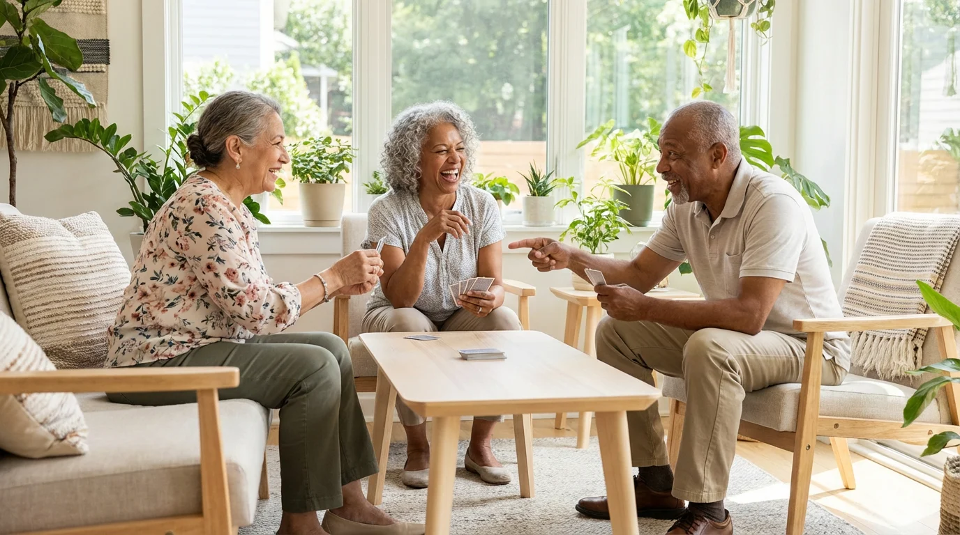 Three diverse seniors laughing and playing a card game together in a sunlit room.
