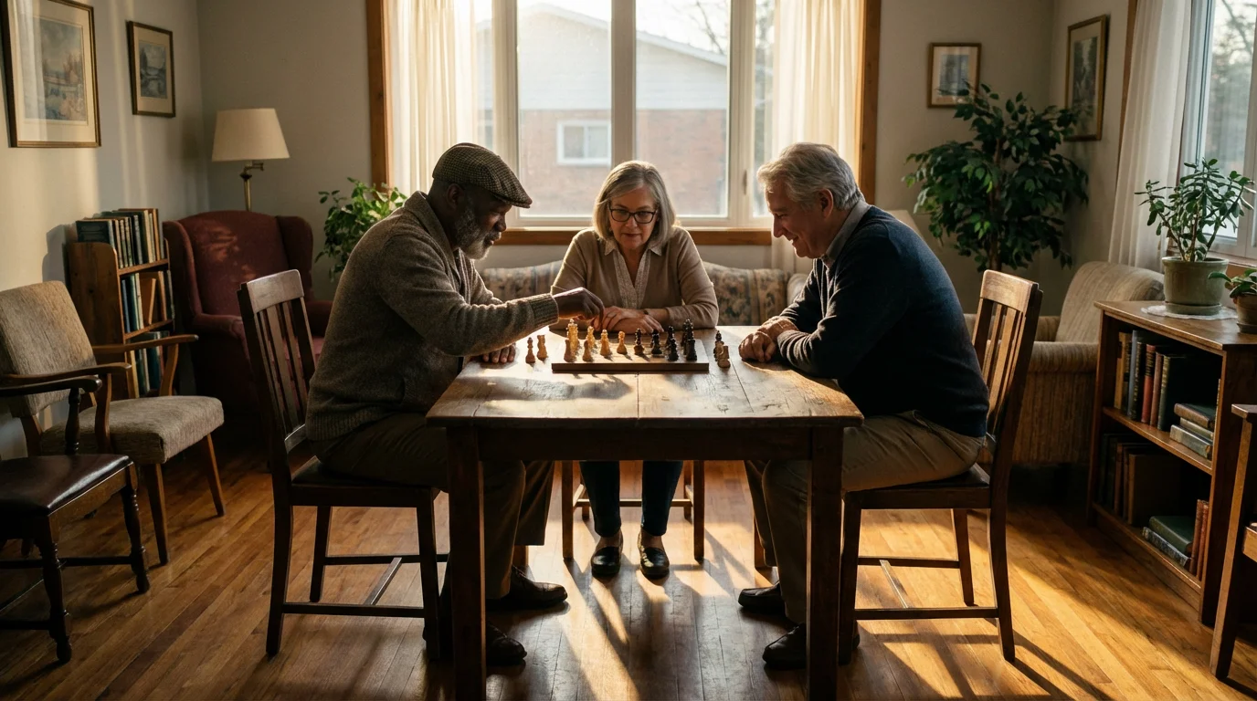 Three diverse seniors playing chess in a sunlit community center during the afternoon.