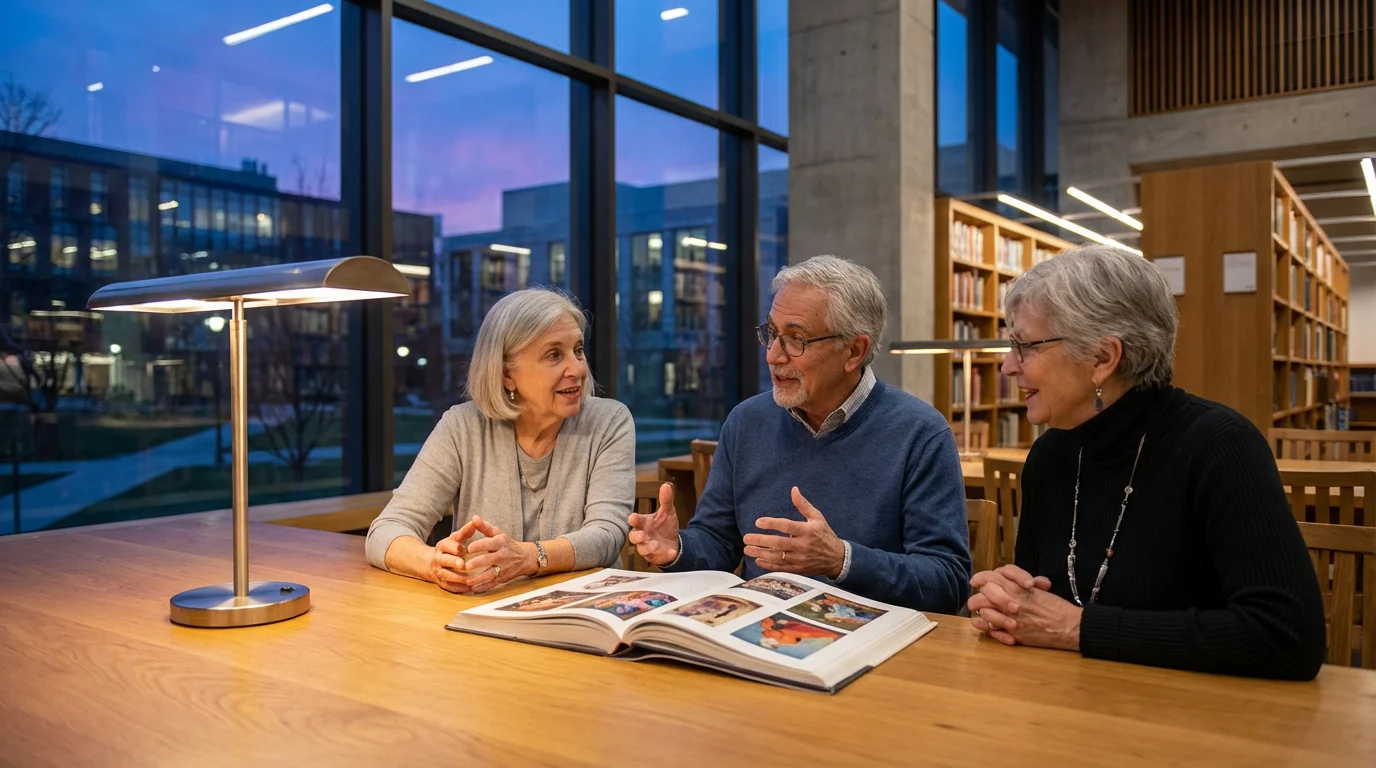 Three diverse seniors studying together in a modern library during the evening blue hour.