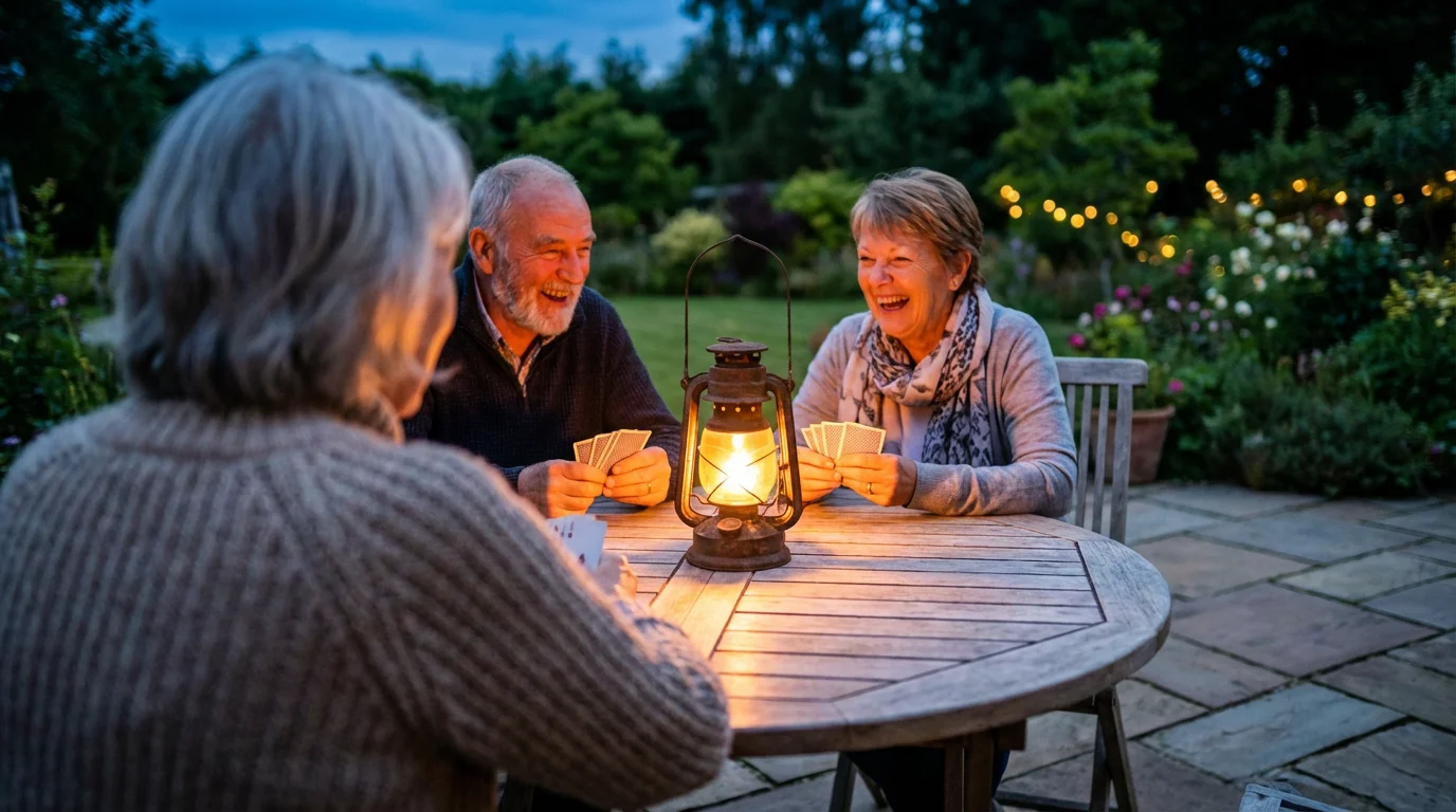 Three senior friends laughing while playing cards on a patio at dusk.
