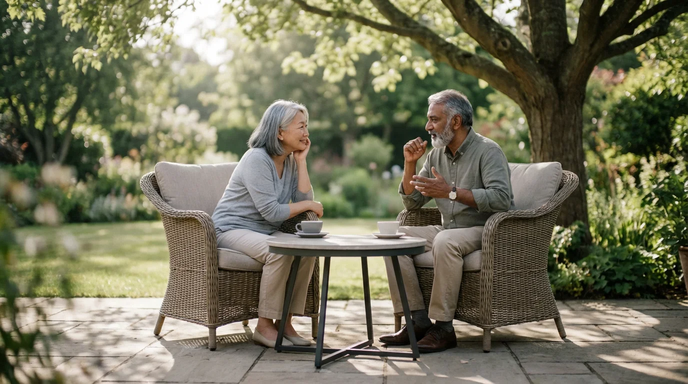 Two diverse senior friends having a mindful morning conversation on a beautiful garden patio.