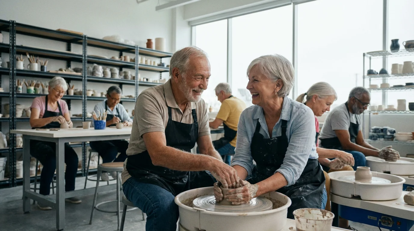 Two diverse seniors happily interacting and making pottery during a bright, modern art class.